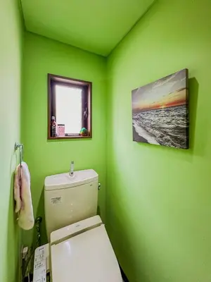 a green bathroom with a toilet and a picture on the wall at Tranquil Tokyo Retreat #Spacious 3BR House in Hiroo in Tokyo