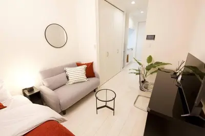 a living room with a couch and a mirror at \u30bb\u30f3\u30c8\u30ec\u30a4\u62bc\u4e0a\u30ce\u30fc\u30b9 205 in Tokyo