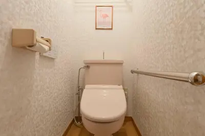 a white toilet in a bathroom with a picture on the wall at Shinjuku Zen House 1F 70sqm Spacious Townhouse No Stairs R1 in Tokyo