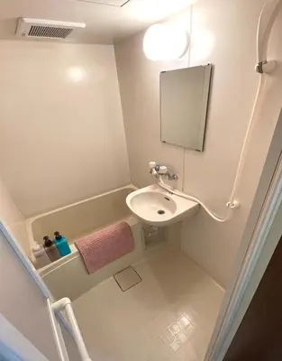 a small bathroom with a sink and a mirror at Near\u65b0\u5bbf Safy Room in Tokyo