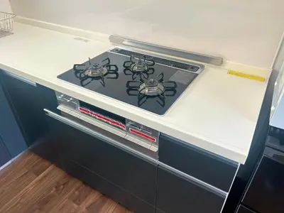 a kitchen counter with a stove witharantulas on it at \u6d17\u8db321 in Tokyo