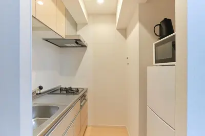 a small kitchen with a sink and a refrigerator at J-ARC Akebonobashi by Tranova in Tokyo