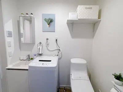 a white bathroom with a sink and a washing machine at \u4e00\u4e2a\u4eba\u65c5\u884c \u897f\u65b0\u5bbf\u7ad9\u6b65\u884c8\u5206 \u65b0\u5bbf\u7ad9\u5f92\u6b6516\u5206 JR\u5c71\u624b\u7ebf\u65b0\u5927\u4e45\u4fdd\u7ad9\u6b65\u884c15\u5206 \u514d\u8d39WiFi in Tokyo