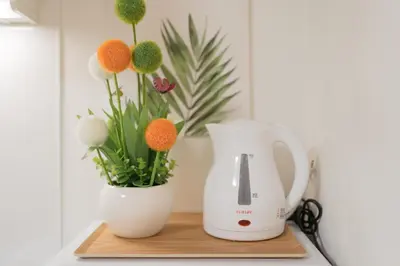 a white blender and a vase with flowers on a counter at \u4e00\u4e2a\u4eba\u65c5\u884c \u897f\u65b0\u5bbf\u7ad9\u6b65\u884c8\u5206 \u65b0\u5bbf\u7ad9\u5f92\u6b6516\u5206 JR\u5c71\u624b\u7ebf\u65b0\u5927\u4e45\u4fdd\u7ad9\u6b65\u884c15\u5206 \u514d\u8d39WiFi in Tokyo