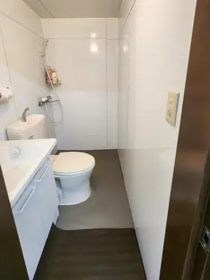 a white bathroom with a toilet and a sink at \u683c\u5b89\u6c11\u5bbf \u65e5\u66ae\u91cc\u99c5\u304b\u3089\u5f92\u6b694\u5206 \u9280\u5ea7 \u4e0a\u91ce\u76f4\u901a in Tokyo