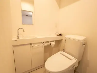 a bathroom with a toilet and a sink and a mirror at \u683c\u5b89\u6c11\u5bbf \u65e5\u66ae\u91cc\u99c5\u304b\u3089\u5f92\u6b694\u5206 \u9280\u5ea7 \u4e0a\u91ce\u76f4\u901a in Tokyo