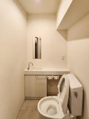 a white bathroom with a toilet and a sink at \u683c\u5b89\u6c11\u5bbf \u65e5\u66ae\u91cc\u99c5\u304b\u3089\u5f92\u6b694\u5206 \u9280\u5ea7 \u4e0a\u91ce\u76f4\u901a in Tokyo