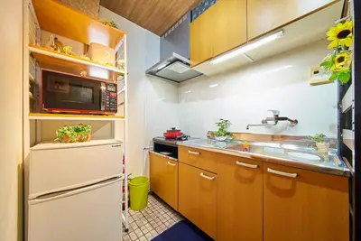 a small kitchen with a sink and a microwave at Shinjuku 102 Private Stay Near Park and Station with Free WiFi in Tokyo