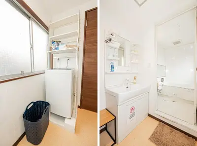a bathroom with a white refrigerator and a sink at self-check in-\u5927\u585a\u99c5One minute in Tokyo