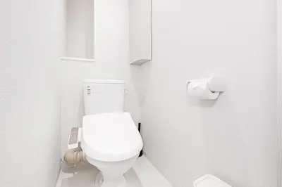 a bathroom with a white toilet in a stall at ZAITO Tokyo PRETIC Hikifune in Tokyo