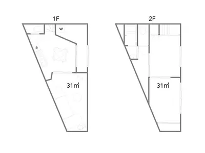two diagrams showing the dimensions of a house at Familia Heiwajima in Tokyo