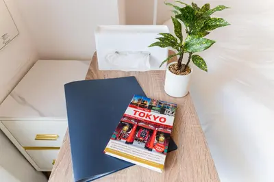a book on a table next to a potted plant at Galicia Otsuka in Tokyo