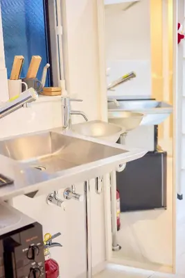 a row of sinks in a kitchen at \u5bbf\u6816\u6e0b\u8c37 in Tokyo