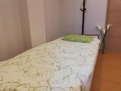 a bed with a green pillow on top of it at 3F\u6c60\u888b\u6700\u4e2d\u5fc3 \u4e24\u5ba4\u4e00\u5385 \u6c60\u888b\u7ad910\u5206 2 rooms Ikebukuro center 10 mins to ST Max 7P \u76f4\u8fbe\u65b0\u5bbf \u6d89\u8c37 \u8868\u53c2\u9053 \u6c60\u888b \u4e0a\u91ce \u4ee3\u4ee3\u6728 \u94f6\u5ea7 \u539f\u5bbf in Tokyo