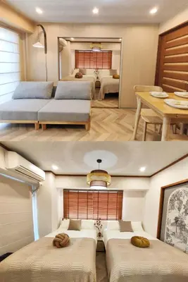 a large room with two beds and a table at 65 \u4e24\u5ba4\u4e00\u5385 \u99d2\u8fbc\u7ad94\u5206 \u8fd1\u5546\u4e1a\u8857 2 rooms 4 mins to ST Max 7P \u76f4\u8fbe\u65b0\u5bbf \u6d89\u8c37 \u8868\u53c2\u9053 \u6c60\u888b \u4e0a\u91ce \u4ee3\u4ee3\u6728 \u94f6\u5ea7 \u539f\u5bbf in Tokyo