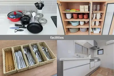 a collage of pictures of a kitchen with utensils at HOTEL Beruhigen Tokyo - Vacation STAY 93718v in Tokyo