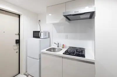 a white kitchen with a sink and a microwave at aLATO\u5927\u68ee\u753a in Tokyo