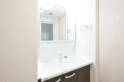 a bathroom with a white sink and a mirror at \u30a2\u30a4\u30c7\u30a3\u84b2\u7530\u897f in Tokyo