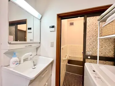 a bathroom with a sink and a mirror and a shower at \u65b0\u5c0f\u5ca9\u9a7f\u7ad9 in Tokyo