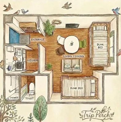 a drawing of a floor plan of a house at TRIP PERCH 30m2 \u6700\u59275\u540d \u4e0a\u5317\u6ca2\u99c5\u304b\u3089\u5f92\u6b696\u5206 \u65b0\u5bbf\u304b\u3089\u76f4\u901a \u30c7\u30b6\u30a4\u30ca\u30fc\u76e3\u4fee in Tokyo