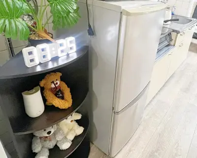 a shelf with stuffed animals next to a refrigerator at 東新宿1分&新大久保10分 in Tokyo