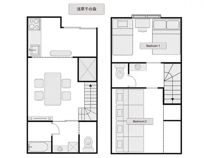 two floor plans of a house at \u6771\u4eac\u96f7\u9580\u30fc\u5343\u306e\u68eeAsakusa in Tokyo