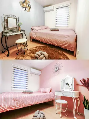 two pictures of a bedroom with two beds and a desk at B12\u6c60\u888b\u4e2d\u5fc3 \u4e09\u5ba4 \u4ea4\u901a\u4fbf\u5229 \u8f66\u7ad93\u5206\u949f 3 rooms Ikebukuro center 3 mins to ST Max 8P \u76f4\u8fbe\u65b0\u5bbf \u6d89\u8c37 \u8868\u53c2\u9053 \u6c60\u888b \u4e0a\u91ce \u4ee3\u4ee3\u6728 \u94f6\u5ea7 \u539f\u5bbf in Tokyo