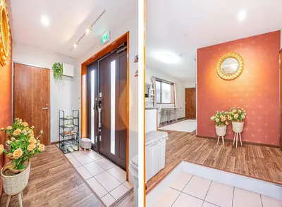two images of a hallway with a door at W Hostel in Tokyo