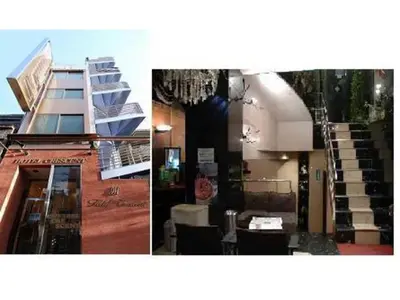 two pictures of a building with stairs and a restaurant at Business Hotel Crescent - Vacation STAY 49947v in Tokyo