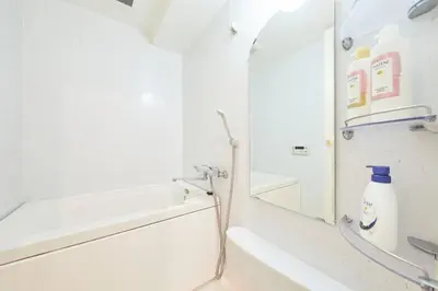 a bathroom with a tub and a sink and a mirror at Shinjuku Kabukicho Designer's Apartment VI in Tokyo