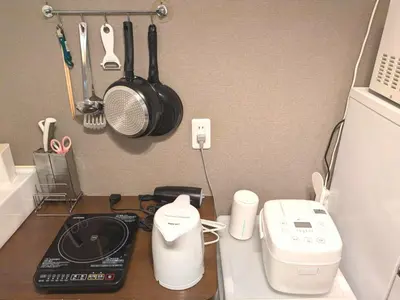 a kitchen with a counter with appliances on it at 9, Minamisuna 2, Entire house for rent, \u5357\u78022 in Tokyo
