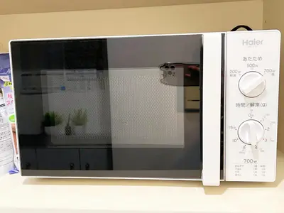a microwave sitting on a counter with a plant inside at Ikebukuro Sugamo 203 in Tokyo