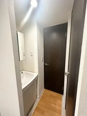 a bathroom with a white sink and a black door at \u30a2\u30f3\u30c9\u30b9\u30c6\u30a4\u3059\u3082\u3046\u30db\u30c6\u30eb402 in Tokyo