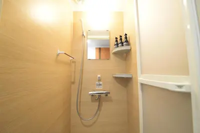 a bathroom with a shower with a sink and a mirror at \u548c\u306e\u6953cottage\u7b2c\u4e8c202 \u65b0\u5bbf\u6b4c\u821e\u4f0e\u753a\u8fd1\u96a3 in Tokyo