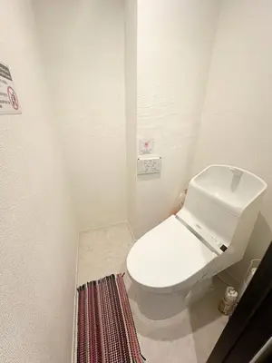 a small bathroom with a white toilet and a rug at \u30a2\u30f3\u30c9\u30b9\u30c6\u30a4\u3059\u3082\u3046\u30db\u30c6\u30eb403 in Tokyo