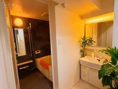 a bathroom with a sink and a toilet and a shower at \u862d\u5712 Village Gotanda \u5c4b\u4e0a\u30ac\u30fc\u30c7\u30f3\u30c6\u30e9\u30b9\u4ed8\u304d in Tokyo