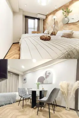 a bedroom with a large bed and a dining room at G81\u65b0\u5bbf\u6700\u4e2d\u5fc3 \u4e24\u5ba4\u4e00\u5385 \u65b0\u5bbf\u4e09\u4e01\u76ee\u8f66\u7ad94\u5206 2 rooms Shinjuku center 4 mins to ST Max 6P \u76f4\u8fbe\u65b0\u5bbf \u6d89\u8c37 \u8868\u53c2\u9053 \u6c60\u888b \u4e0a\u91ce \u4ee3\u4ee3\u6728 \u94f6\u5ea7 \u539f\u5bbf in Tokyo