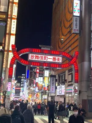 a busy city street at night with neon signs at Lions B in Tokyo
