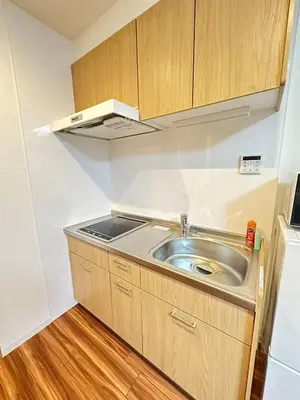 a small kitchen with a sink and wooden cabinets at SOLASIA residence \u5317\u4e0a\u91ce501 in Tokyo