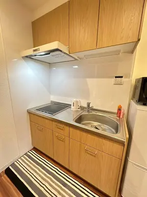 a small kitchen with a sink and a refrigerator at SOLASIA residence \u5317\u4e0a\u91ce601 in Tokyo