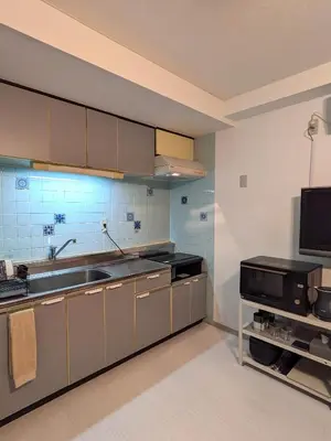 a kitchen with a sink and a microwave at Space Noa201 in Tokyo