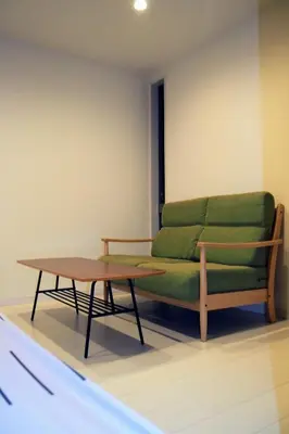 a living room with a green couch and a coffee table at The FLAT 103 in Tokyo