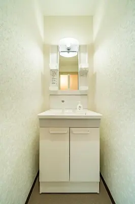 a bathroom with a white sink and a mirror at 79, Umejima, Entire house for rent, \u6885\u5cf6 in Tokyo