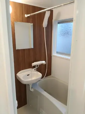 a bathroom with a sink and a bath tub at UMIBE Apartment in Tokyo