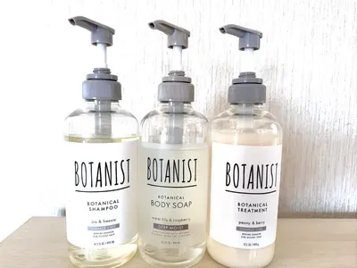 three bottles of bodily soap sitting on a table at Kosuge Sta 6min walk Ueno Sta 10min Switch in Tokyo