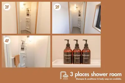 a collage of three pictures of a bathroom with three bottles at ASAHI-Entire building reserved in Tokyo