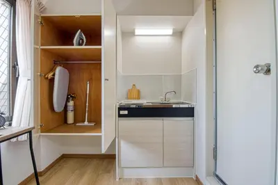 a small kitchen with a sink and a shower at CraftFlat Komagome 604, compact studio at excellent location in Tokyo