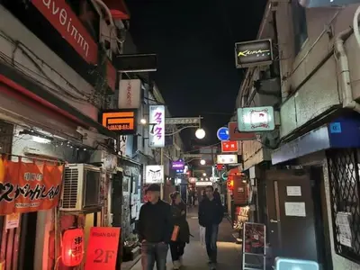a group of people walking down a street at night at \u65b0\u5bbf\u306e\u5bbf in Tokyo