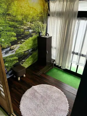 a living room with a rug and a painting on the wall at Yuki House in Tokyo