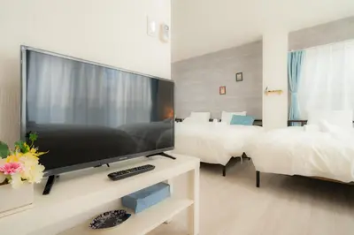 a living room with two beds and a flat screen tv at 20, Hikifune, Entire house for rent, \u66f3\u821f in Tokyo